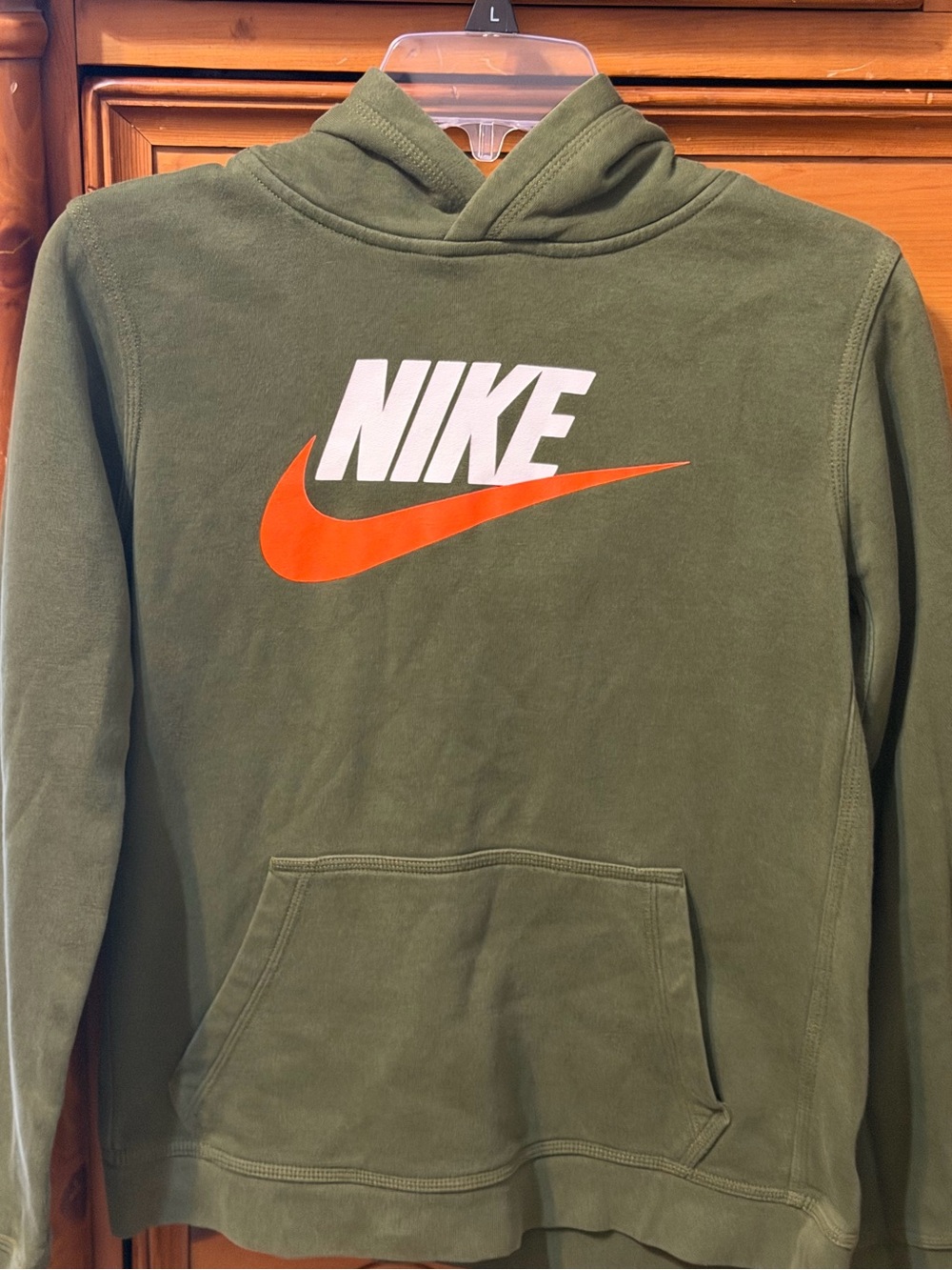 Nike Boys Olive Green Hoodie with Orange Swoosh